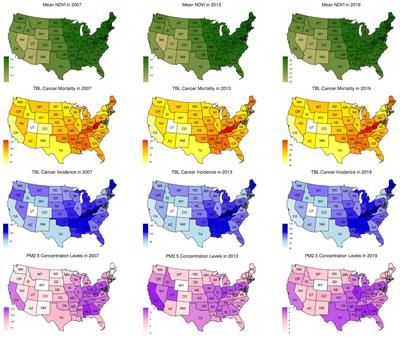 Correlation of time trends of air pollutants, greenspaces and tracheal, bronchus and lung cancer incidence and mortality among the adults in United States